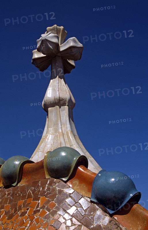SPAIN, Catalonia, Barcelona, "Passeig de Gracia, Casa Batllo, Dragon's back roof and Saint George cross. Gaudi"