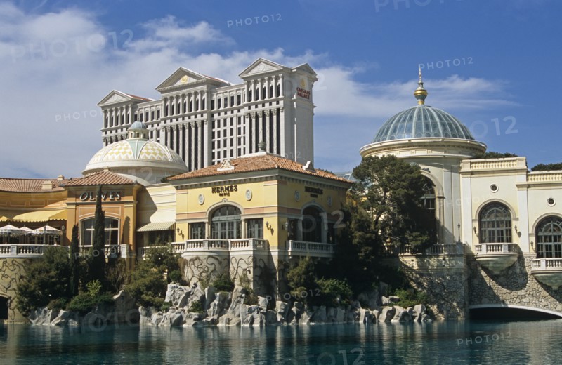 USA, Nevada, Las Vegas, "Caesars Palace Hotel and Casino, across lake in front of the Bellagio."