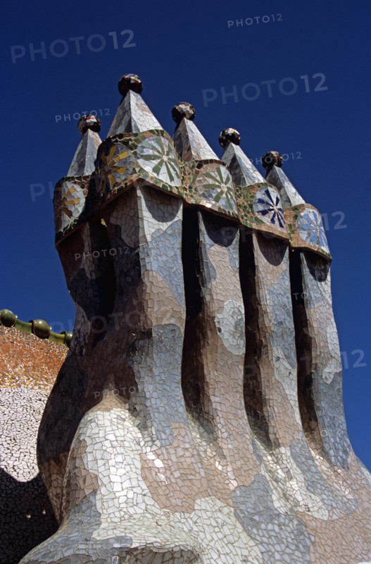 SPAIN, Catalonia, Barcelona, "Passeig de Gracia, Casa Batllo, Ornate chimneys. Gaudi"