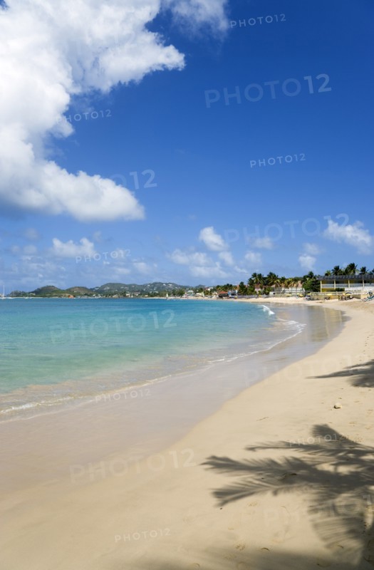WEST INDIES, St Lucia, Gros Islet, Reduit Beach in Rodney Bay with tourists in the water and on the beach