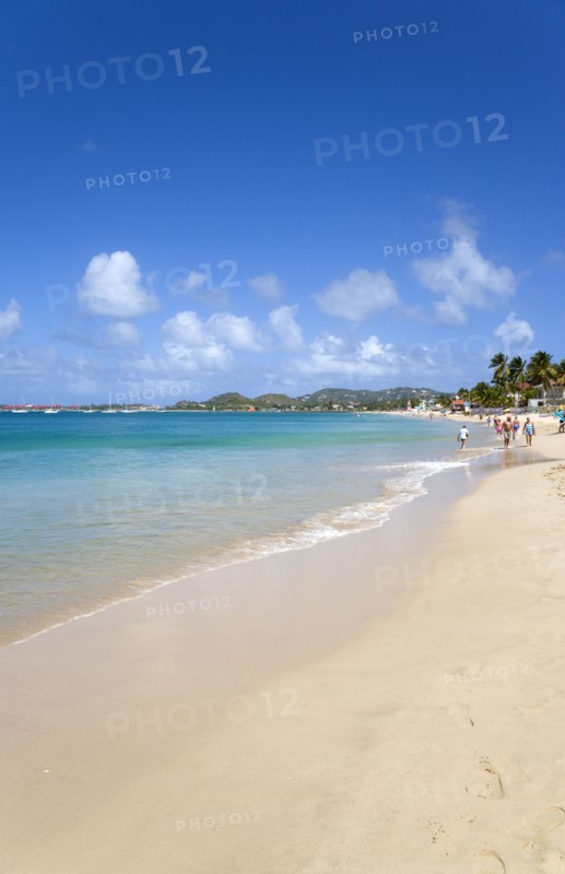 WEST INDIES, St Lucia, Gros Islet, Reduit Beach in Rodney Bay with tourists in the water and on the beach