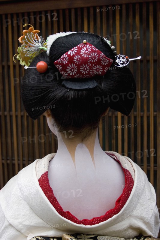 JAPAN, Honshu, Kyoto, "Gion District.  Head and shoulders of Geisha, photographed with back to camera showing neck and shoulders painted white except for part of accentuated nape, left unpainted and considered sensuous.  Hair worn up with decorative pins and wearing  traditional kimono"