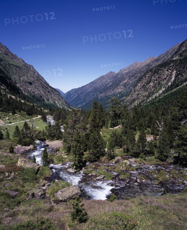 FRANCE, Midi-Pyrenees, Hautes-Pyrenees, Vallee du Lutour.  View north showing ‘u’ shape of eroded glacial valley walls.  Fast flowing river running alongside mountain path with trees on lower slopes.