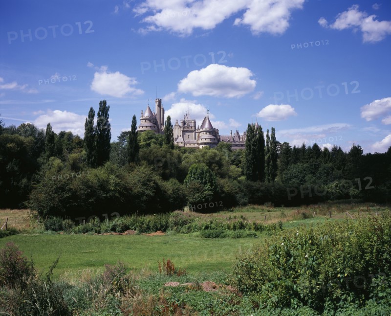 FRANCE, Picardie, Oise, "Chateau de Pierrefonds, dating from 14th C.  Restored  by Viollet-le-Duc from 1857 on the orders of Napoleon III.  Used as set for BBC Merlin series."