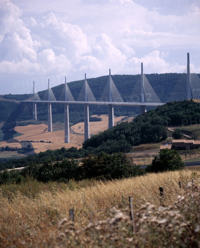 FRANCE, Midi Pyrenees, Aveyron, North end of the Millau bridge crossing the Tarn Valley carrying the A75 motorway linking Beziers in the south with Clermont Ferrand in the north.