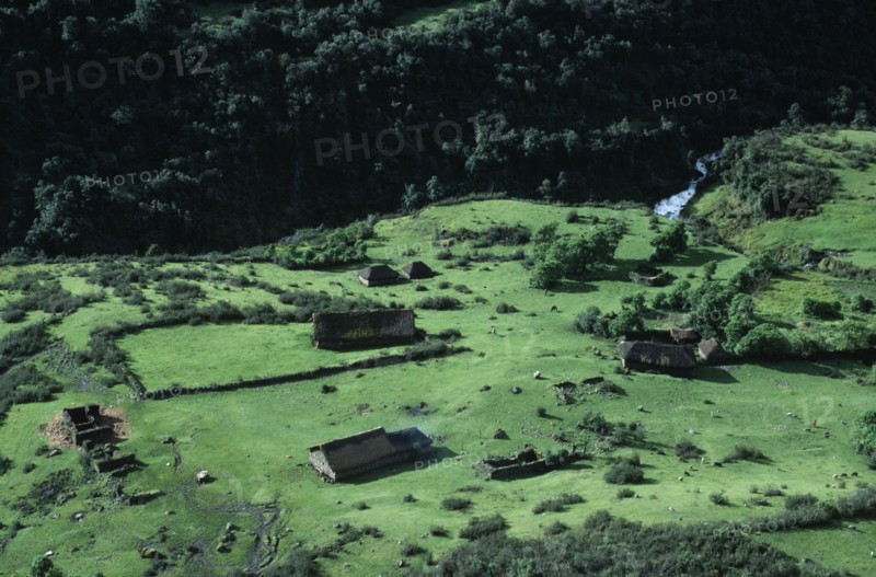 PERU, Ayacucho Province, Lijiana, Aerial view over settlement amongst green agricultural landscape next to a fast flowing river with horses and livestock seen on the ground