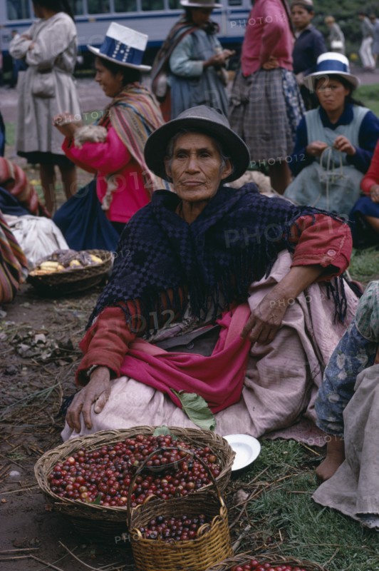 PERU, Cusco, Woman selling cherries from a basket at the Railhead. Near Cusco
