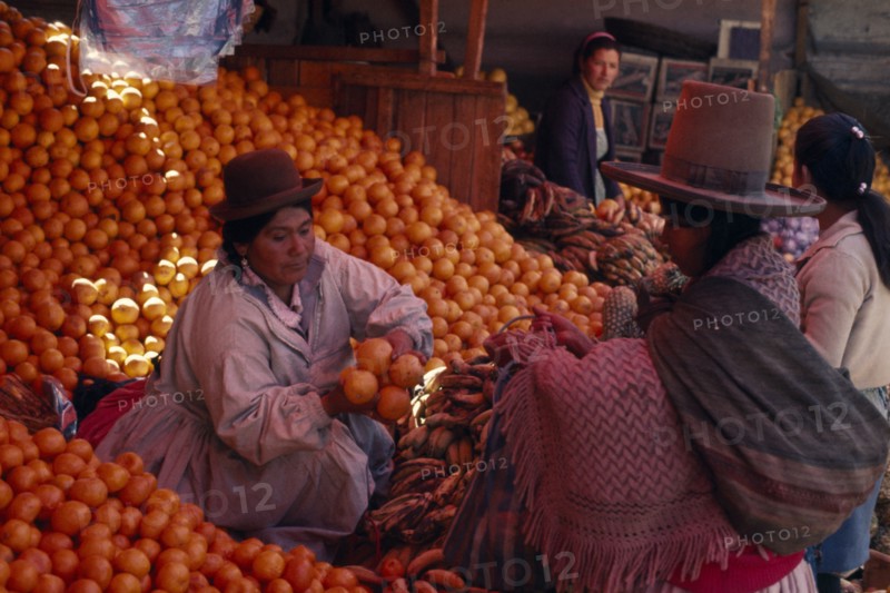 BOLIVIA, Potosi, Woman selling oranges from her market stall