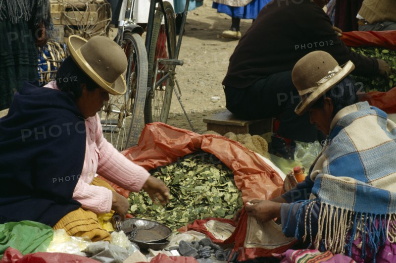 BOLIVIA, Pocata, Coca leaves being sold at market