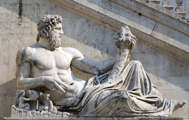 ITALY, Lazio, Rome, "Statue representing the River Tiber remodelled from a statue representing the River Tigris from Emperor Constantine's bath on the Quirnal at the front of the Palazzo Senatorio, now the City Hall, in Piazza del Campidoglio"