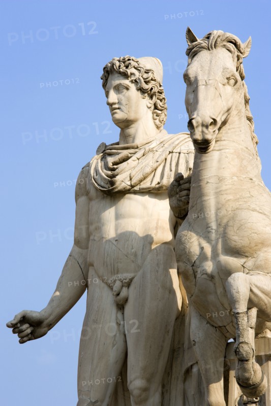 ITALY, Lazio, Rome, One of the restored classical statues of the Dioscuri Castor and Pollux at the top of the Cordonata on the Capitoline