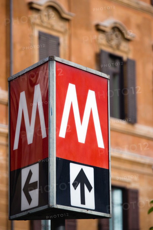 ITALY, Lazio, Rome, Red and white metro underground sign in Ottaviano station