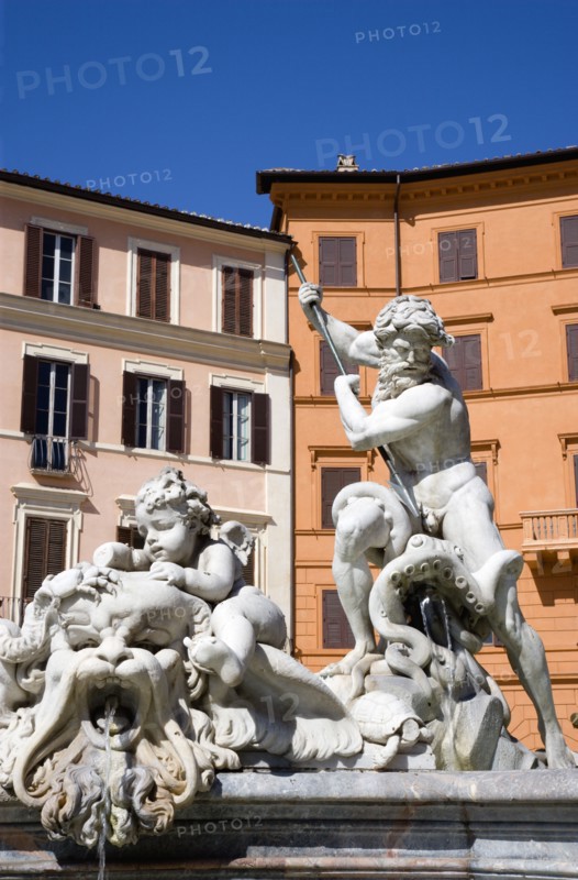ITALY, Lazio, Rome, Piazza Navona The Fontana di Nettuno or Fountain of Neptune with the central figure of the sea god Neptune fighting an octopus
