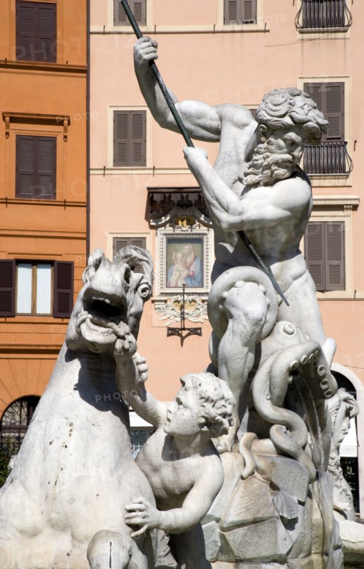 ITALY, Lazio, Rome, Piazza Navona The Fontana di Nettuno or Fountain of Neptune with the central figure of the sea god Neptune fighting an octopus