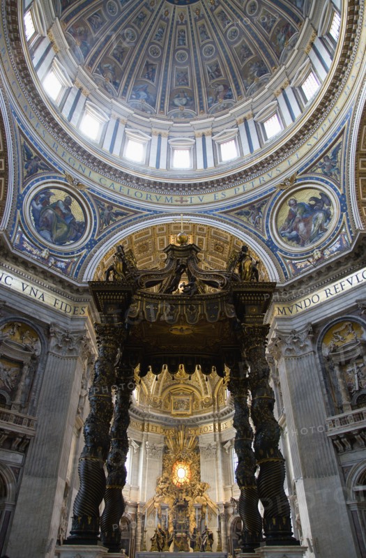 ITALY, Lazio, Rome, Vatican City The Basilica of St Peter The Dome by Michelangelo above the canopied Baldacchino by Bernini with his Throne of Saint Peter in Glory beyond