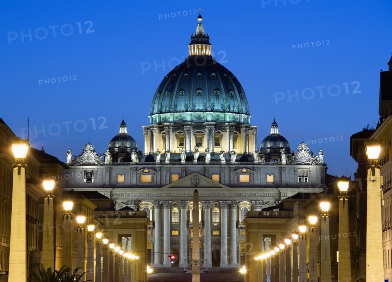 ITALY, Lazio, Rome, Vatican City The Basilica of St Peter and the Via della Conciliazione illuminated at night