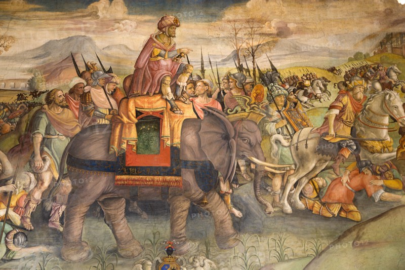ITALY, Lazio, Rome, Painting of Hannibal on an elephant with his army on the wall of the Palazzo dei Conservatori Capitoline museum