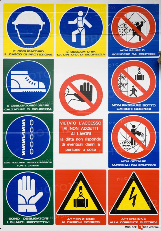 ITALY, Lazio, Rome, Safety signs on the wall of a building site