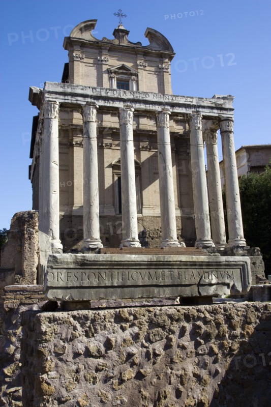 ITALY, Lazio, Rome, The Baroque facade of the church of San Lorenzo in Miranda built on the Temple of Antoninus and Faustina in the Forum