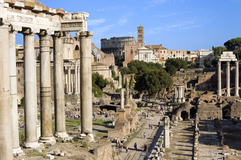ITALY, Lazio, Rome, "Tourists in the Forum with from left the columns of the Temple of Saturn, the Temple of Antoninus and Faustina, the Temple of Romulus, the Colosseum, the church and belltower of Santa Francesca Romana, the triumphal Arch of Titus, the three Corinthian columns of the Temple of Castor and Pollux with the small Temple of Vesta in the middle "