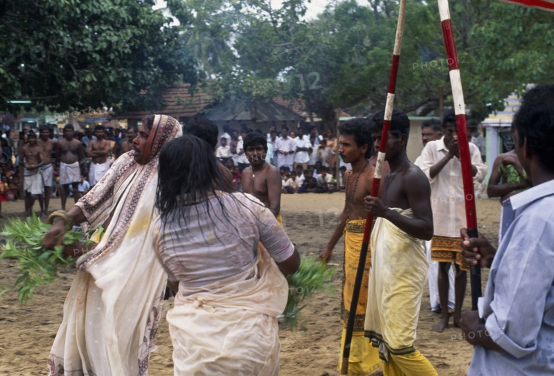 SRI LANKA, Religion, Hinduism, Punnaccolai Festival. Priest and woman in a state of trance watched by onlookers