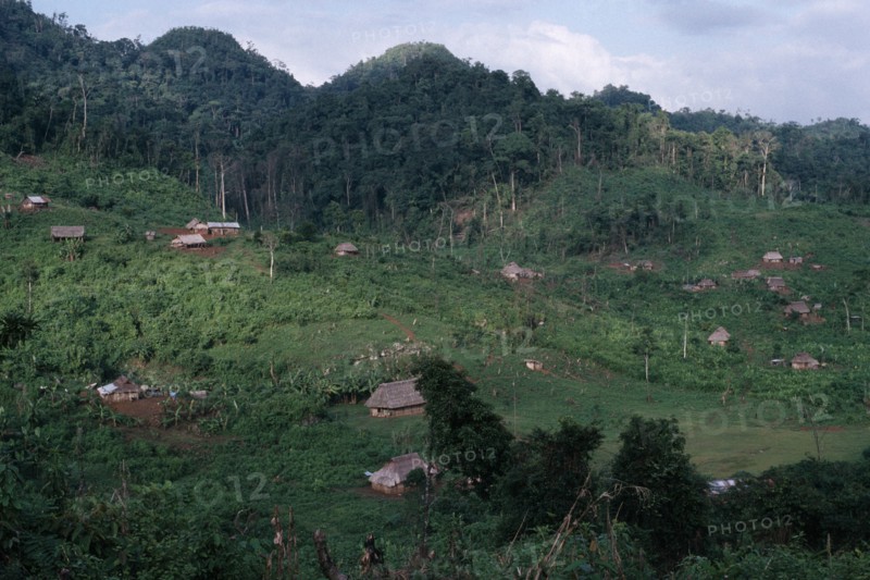GUATEMALA, Alta Verapaz, Semuy, Q’eqchi Indian refugee village. Thatched roof homes set amongst lush green vegetation and rainforest.