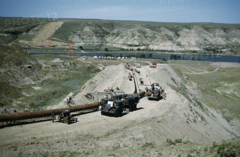 CANADA, Saskatchewan, Prairies, Constructing Trans Canada gas pipeline over Saskatchewan Prairies.