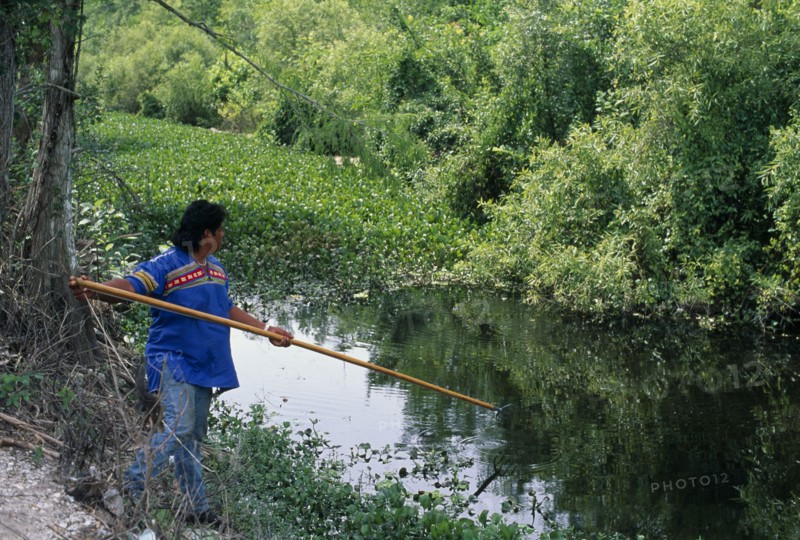 USA, Florida, Everglades, Independent Seminole Native American man named Bobby fishing with a spear in a canal next to Tamiami Highway