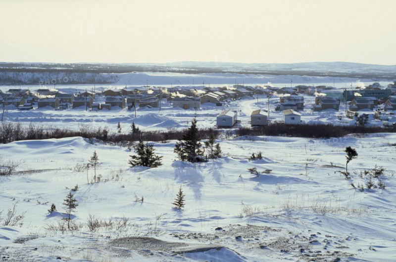 CANADA, Quebec, ?, The Great Whale settlement. Cree indigenous housing amongst heavy snow cover in January.