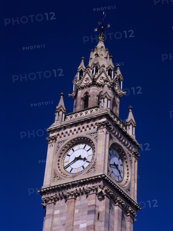 IRELAND, North, Belfast, "The Albert Memorial Clock Tower in Queen’s Square, constructed 1865-1870 as a memorial to Queen Victoria’s consort Prince Albert.  Clock face and spire."