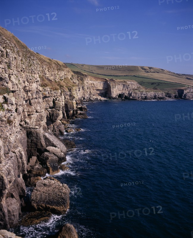 ENGLAND, Dorset, Jurassic Coastline, View east towards and beyond Seacombe Quarry from Winspit ledges