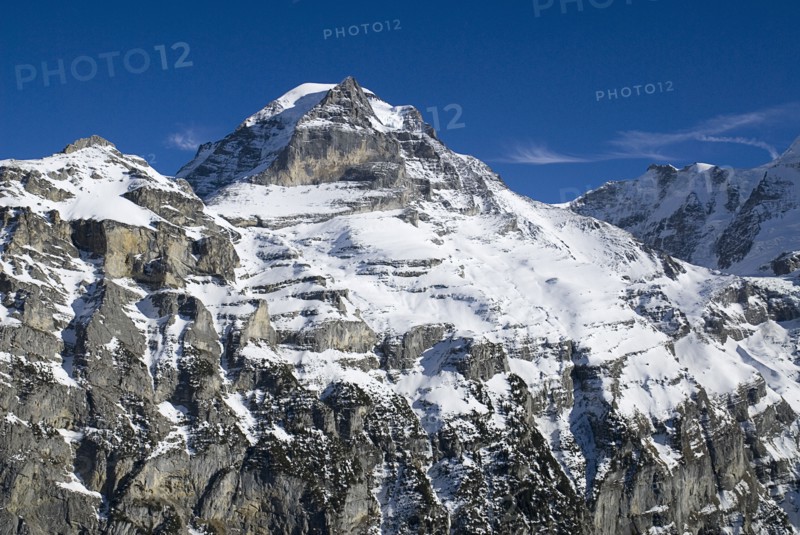 SWITZERLAND, Bernese Oberland, Murren, Summit of the Monch Mountain from outskirts of Murren.
