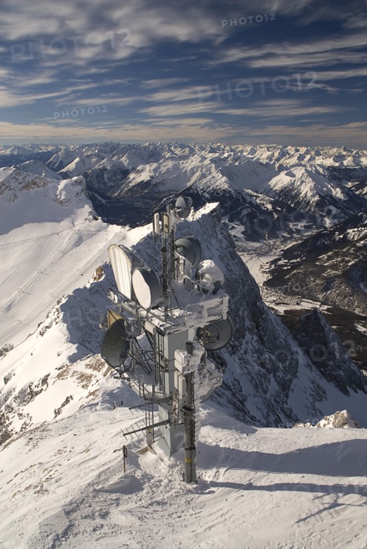 GERMANY, Bavaria, Zugspitze, Zugspitze summit with telecommunications dishes.