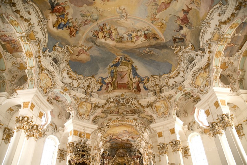 GERMANY, Bavaria, Wieskirche, "Baroque church, interior view of ornamentation and frescoes painted on celling above main altar "