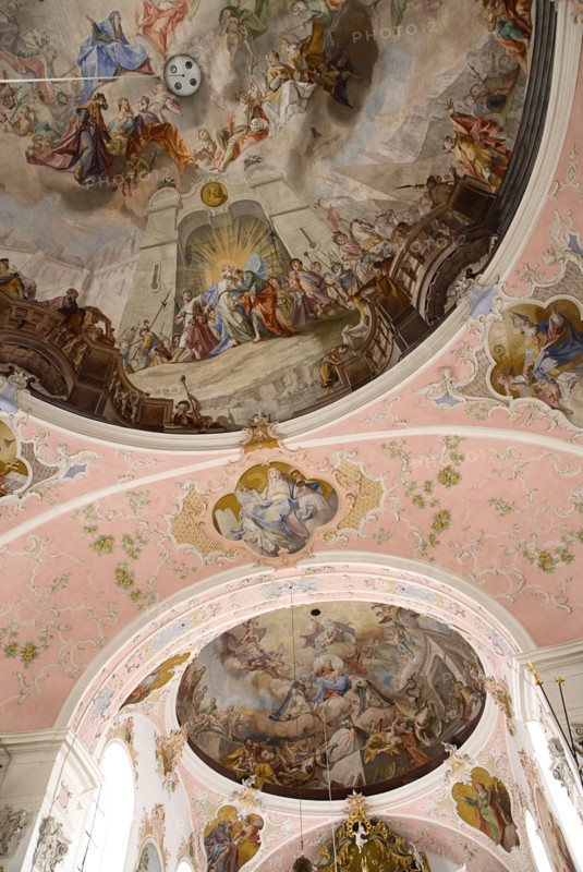 GERMANY, Bavaria, Oberammergau, The Town Church. Interior with frescos on ceiling and main altar.