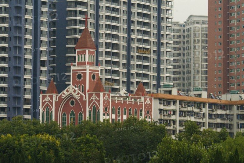 CHINA, Hubei , Wuhan, The Catholic Cathedral among modern apartment blocks
