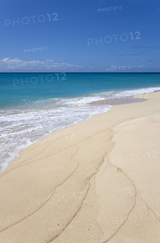 WEST INDIES, St Vincent And The Grenadines, Canouan Island, South Glossy Beach in Glossy Bay with waves breaking on the shoreline of the turqoise sea.