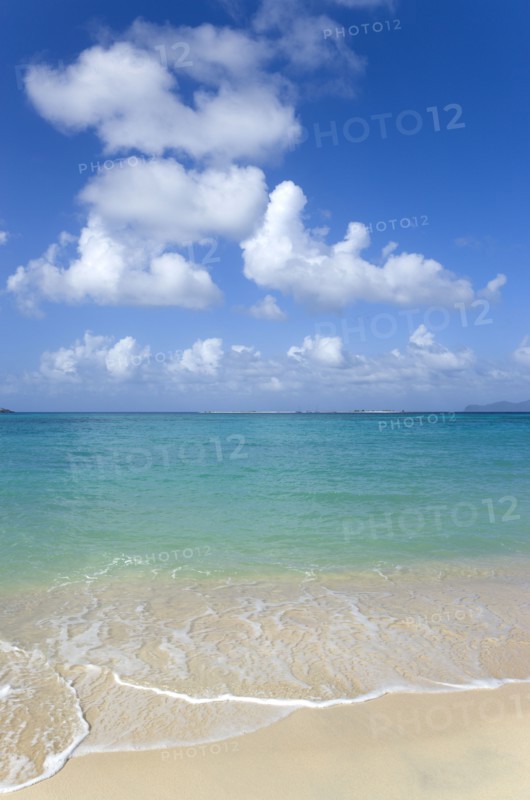 WEST INDIES, Grenada, Carriacou, Waves breaking on Paradise Beach at L'Esterre Bay with the turqoise sea and Sandy Island sand bar beyond