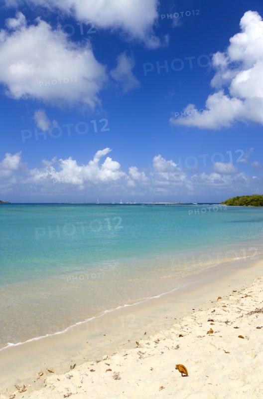 WEST INDIES, Grenada, Carriacou, Waves breaking on Paradise Beach at L'Esterre Bay with the turqoise sea and Sandy Island sand bar beyond.