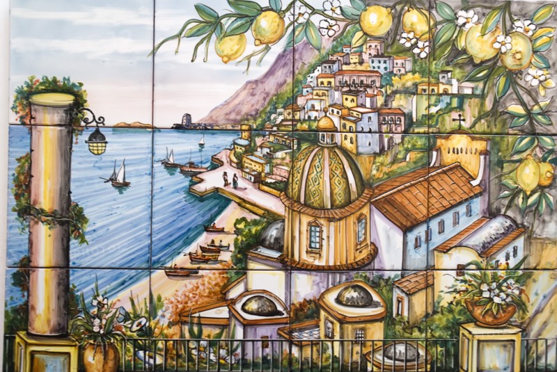 20093628 ITALY Campania Positano Close up of an ornamental tile showing central Positano and its church