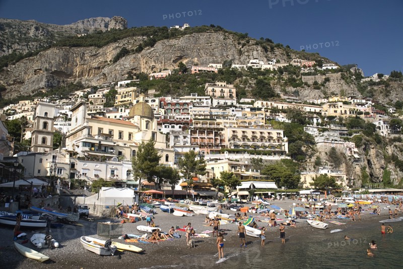 20093632 ITALY Campania Positano Spiaggia Grande beach with central Positano and Church of Santa Maria Assunta behind