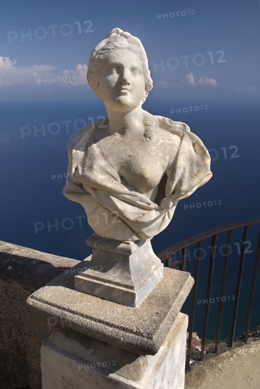 20093658 ITALY Campania Ravello Villa Cimbrone. Statue on Belvedere of Infinity overlooking sea