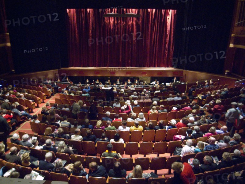 ENGLAND, East Sussex, Brighton, Interior of the Dome concert hall showing the stage with the curtain down.