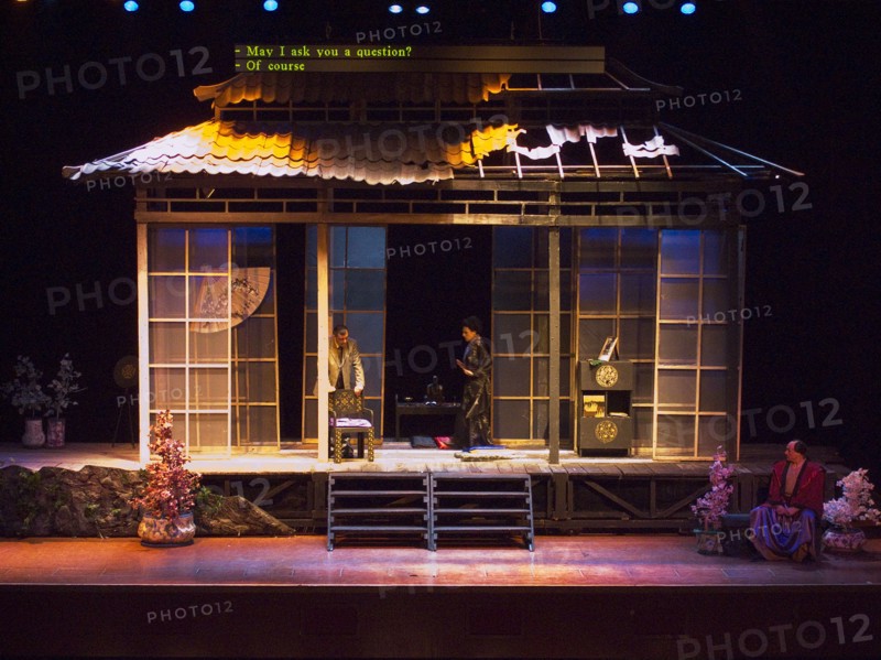 ENGLAND, East Sussex, Brighton, Dome theatre perfromance of Pucini’s Madame Butterfly opera. Showing digital subtitle display.
