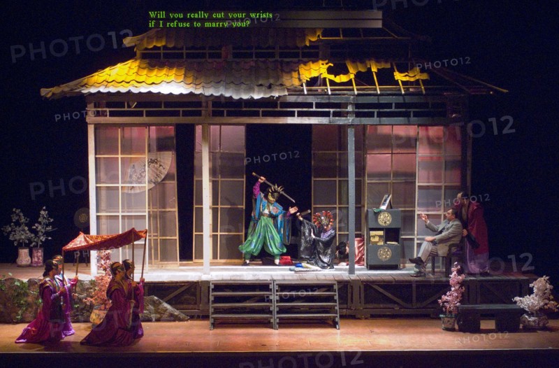 ENGLAND, East Sussex, Brighton, Dome theatre perfromance of Pucini’s Madame Butterfly opera. Showing digital subtitle display.