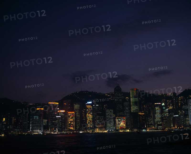 CHINA, Hong Kong, Hong Kong island skyline at night.