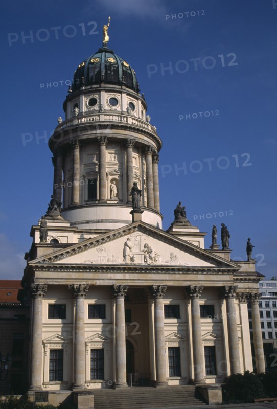 GERMANY, Berlin, Franzosischer Dom in the Gendarmenmarkt  built by the Huguenot community 1701-1705.  Exterior with steps to entrance  and domed roof with statues.