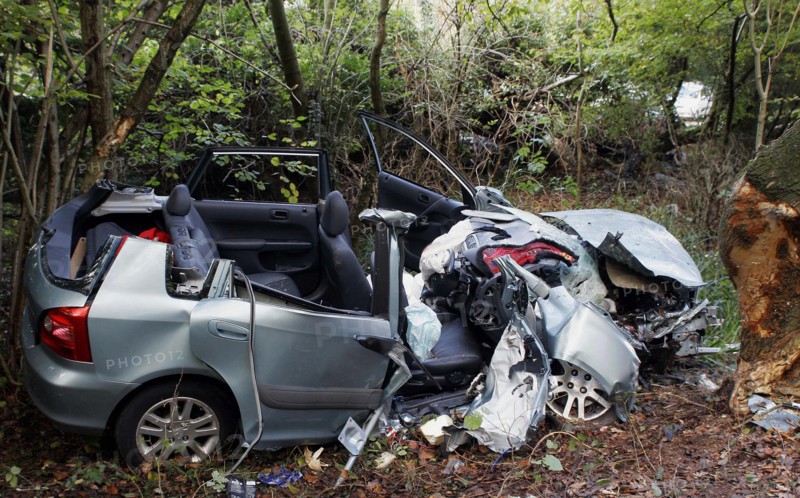 TRANSPORT, Road, Cars, Honda Civic which has had its roof cut off to remove passengers involved in road traffic accident.