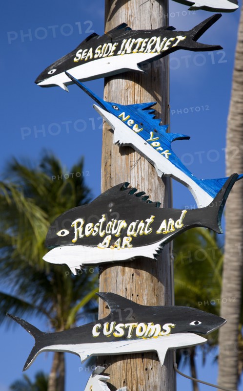WEST INDIES, St Vincent And The Grenadines, Union Island, "Wooden signs in the shape of different fish on a post at The Anchorage Yacht Club in Clifton Harbour pointing to the internet cafe, restaurant and customs"
