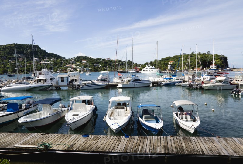 WEST INDIES, Grenada, St George, St George's The new Peter de Savary marina development of Port Louis seen from the Yacht Club with boats moored at jetties